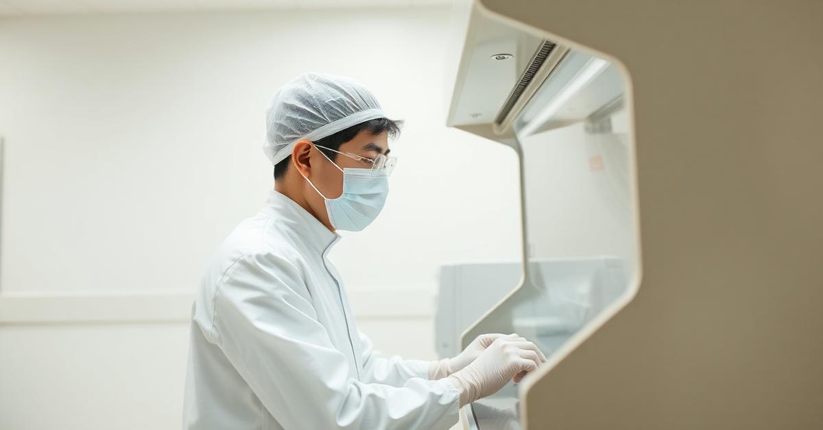 Cover: a scientist working in a cell-processing laboratory