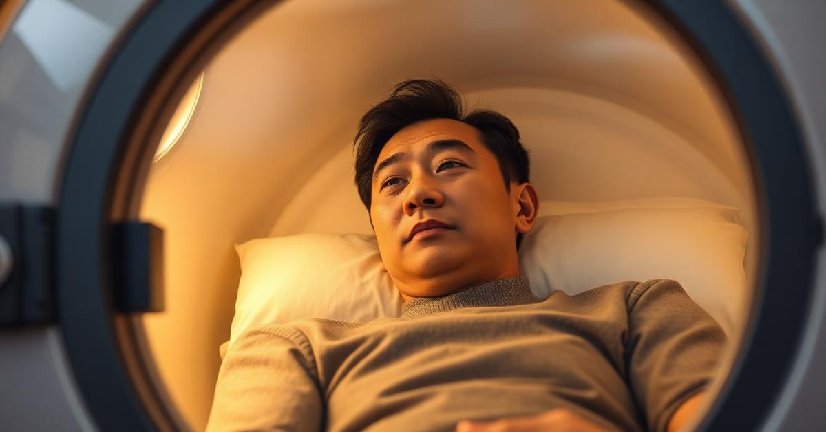 Cover: a patient resting inside a hyperbaric oxygen chamber