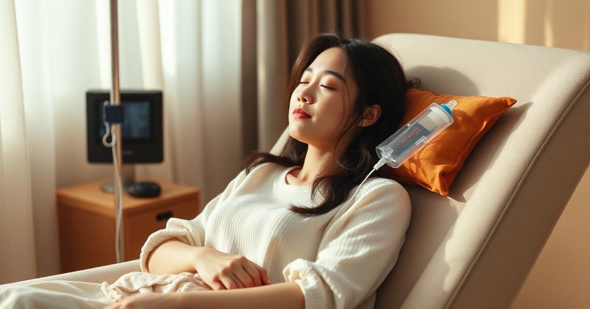 Cover: a Korean woman resting during an IV infusion