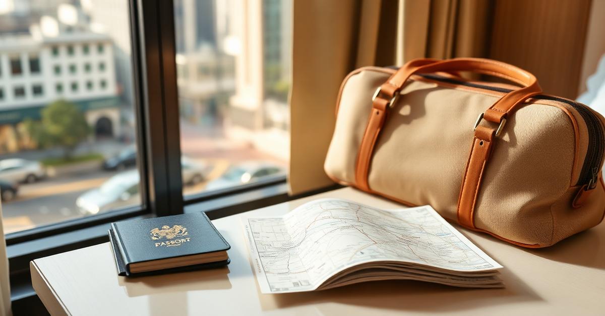 Cover: a passport and travel bag with a Gangnam street view