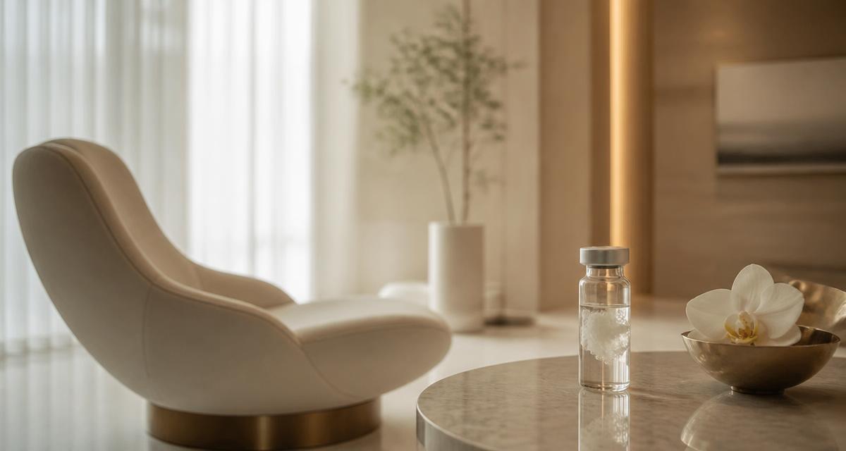 Cellora cover: a cream-toned private clinic lounge with a cell therapy vial on a marble table