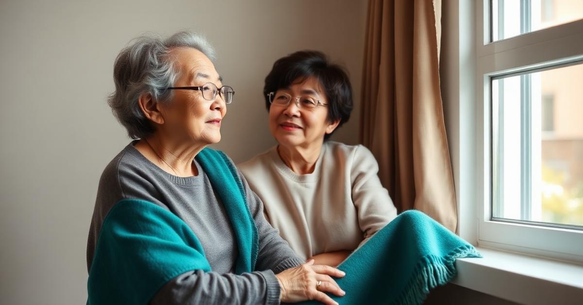 Cover: an elderly Korean woman and her daughter at a memory clinic window