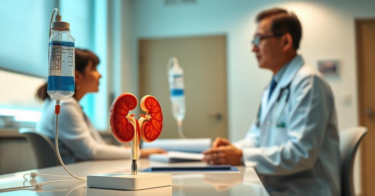Cover: nephrology consultation with a kidney model and IV line