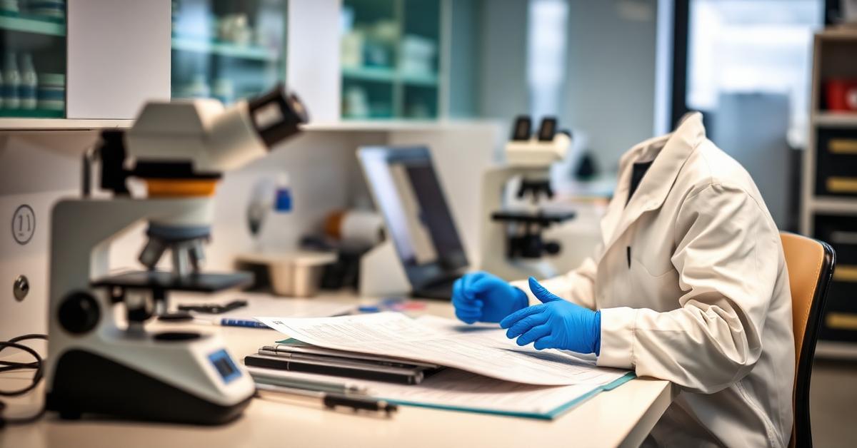 Cover: a researcher reviewing patent documents beside a microscope