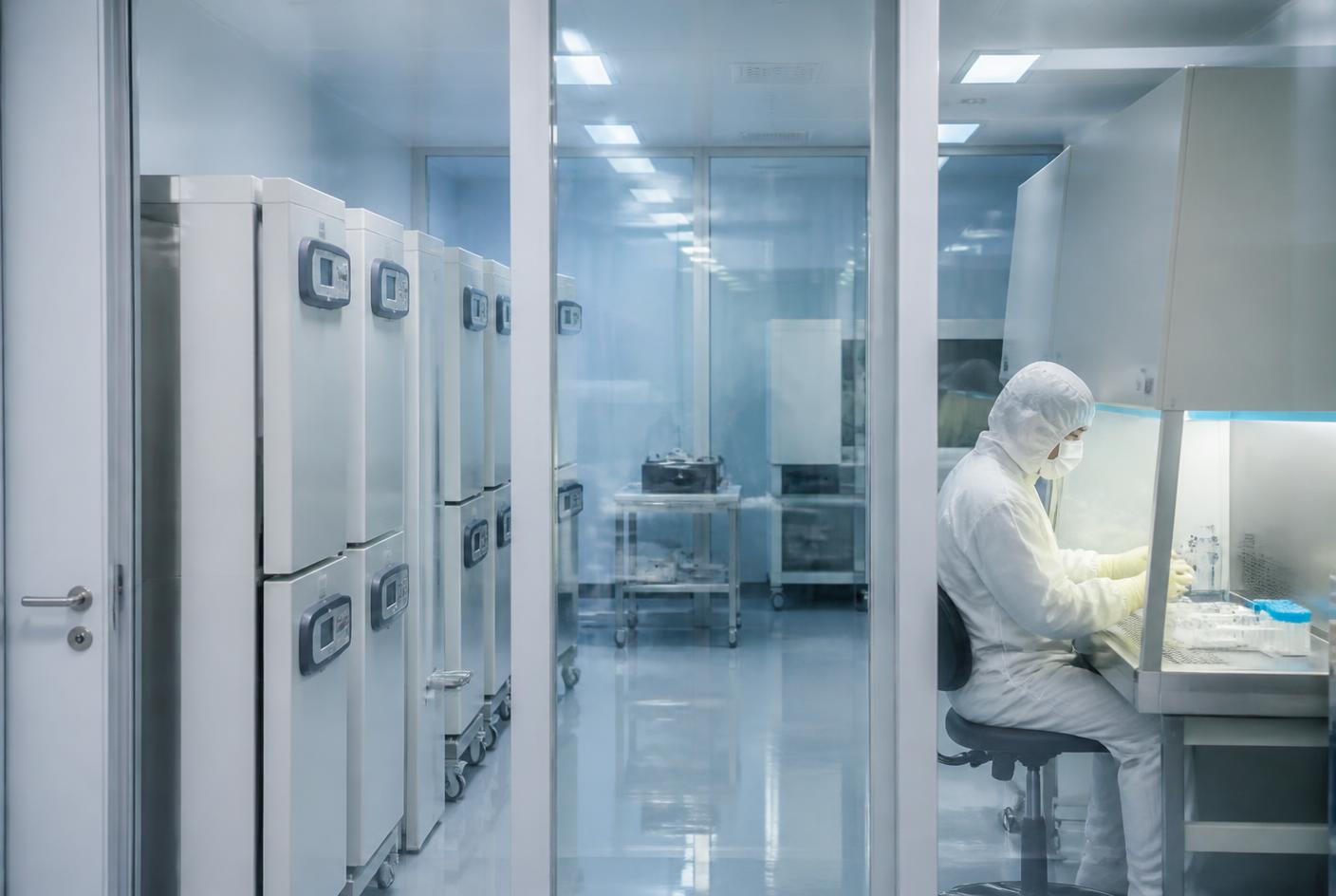 A Korean biotech GMP cell culture suite with rows of CO2 incubators and a gowned technician