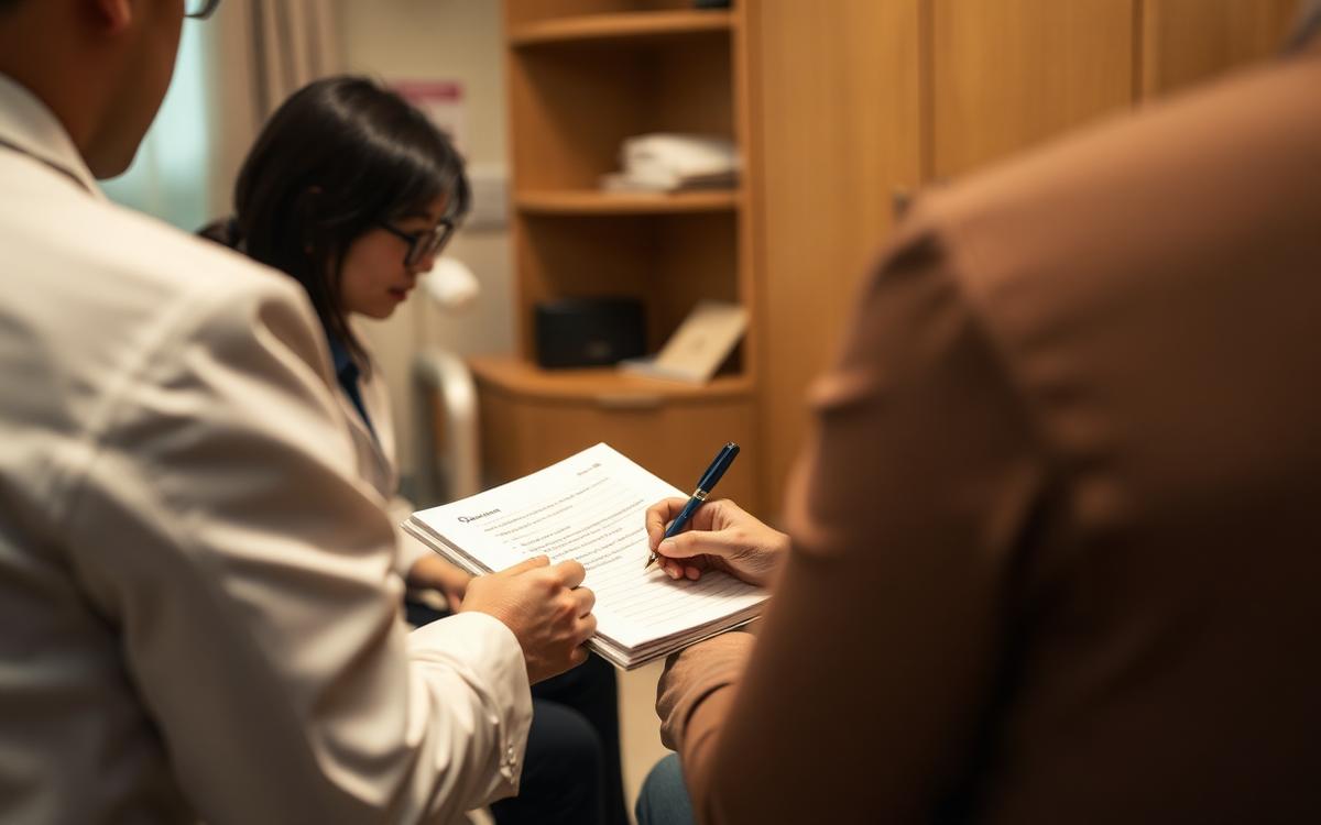 Cover: a patient writing questions in a notebook during a consultation