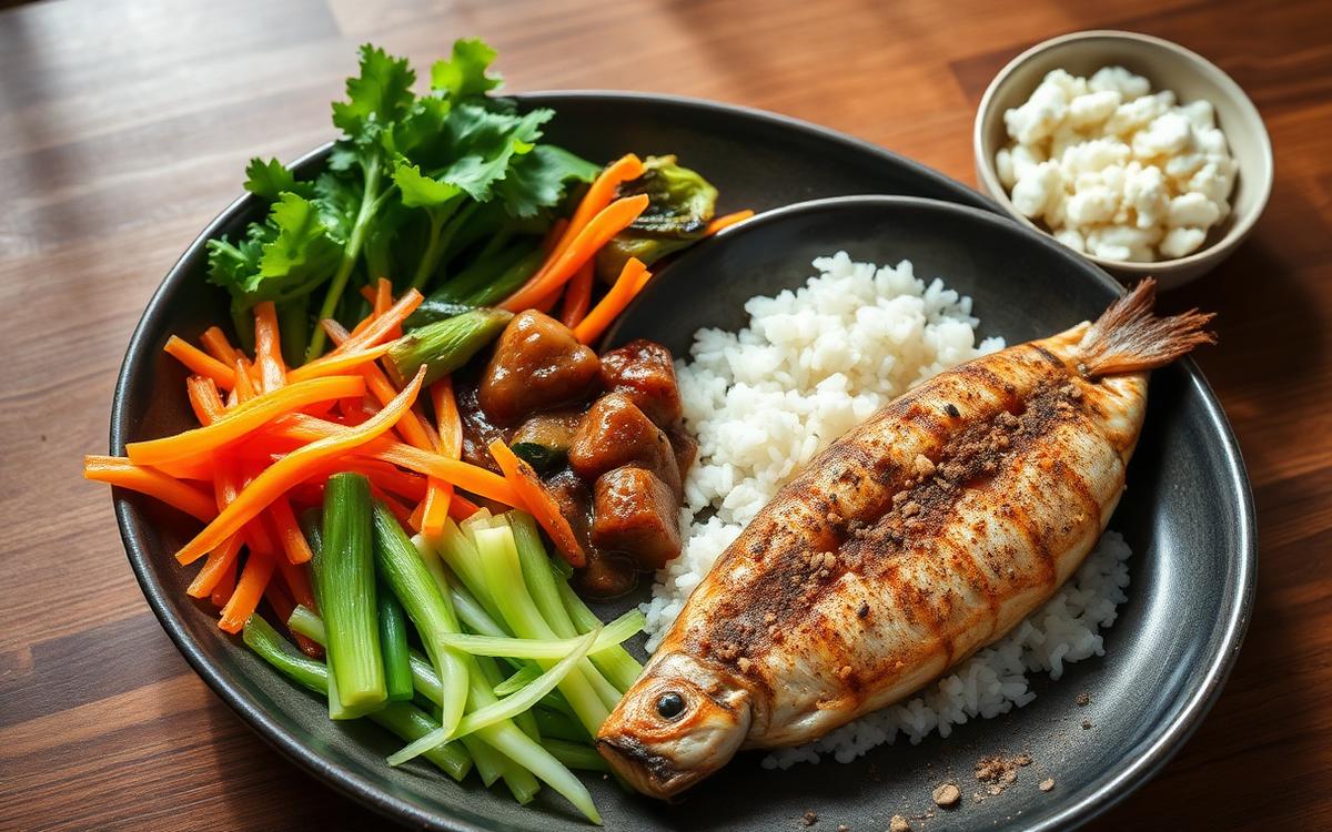 Cover: a low-sodium Korean meal of steamed vegetables, rice and grilled fish
