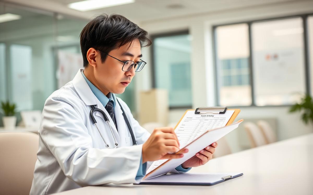 Cover: a Korean physician reviewing a patient assessment checklist
