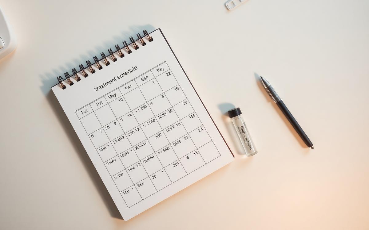 Cover: a treatment schedule calendar beside a medical vial on a desk
