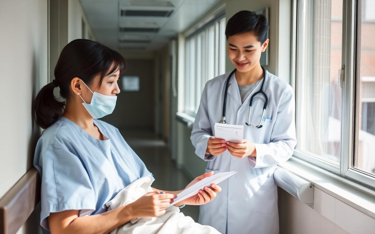 Cover: a transplant patient reviewing medication with a nurse by a hospital window