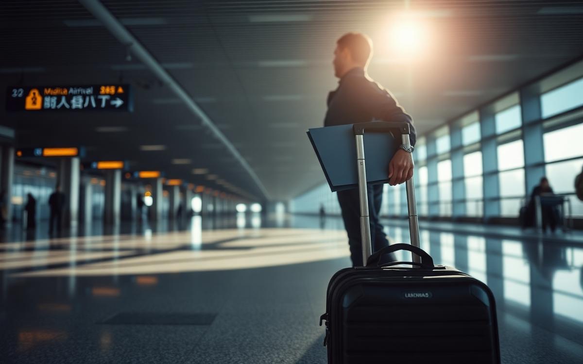 Cover: a traveller with luggage and a medical document folder at Incheon airport
