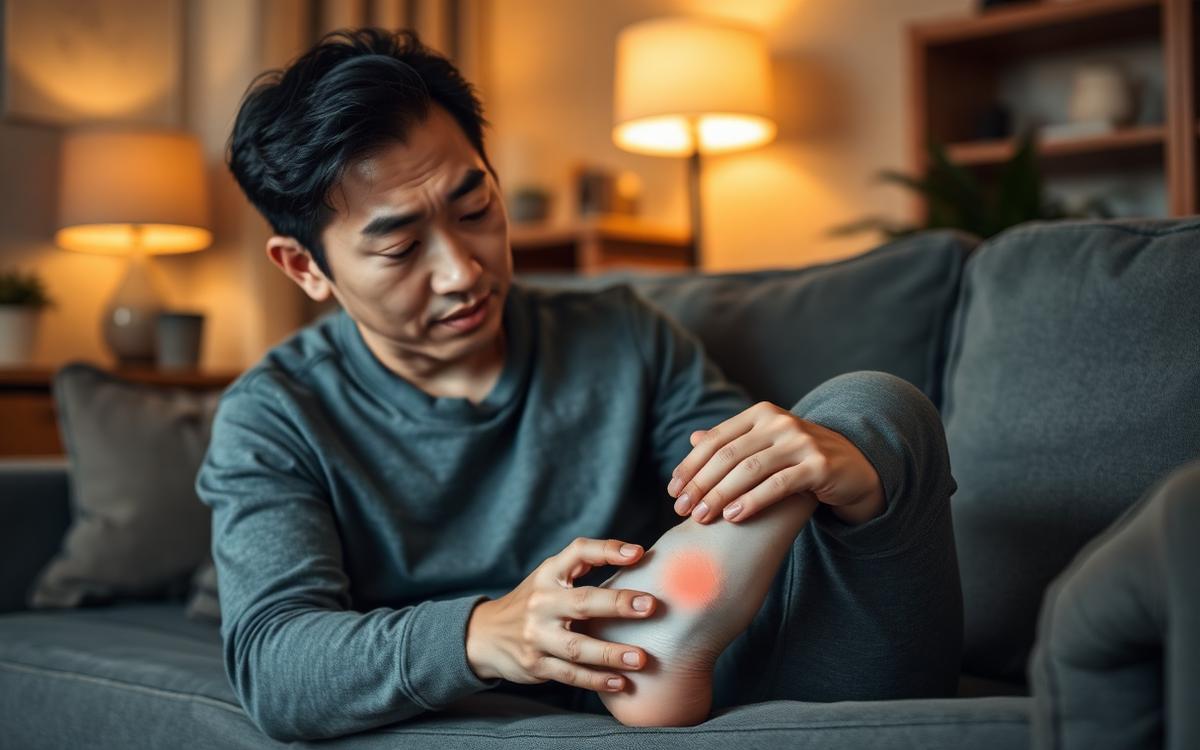 Cover: a Korean man noticing ankle swelling at home
