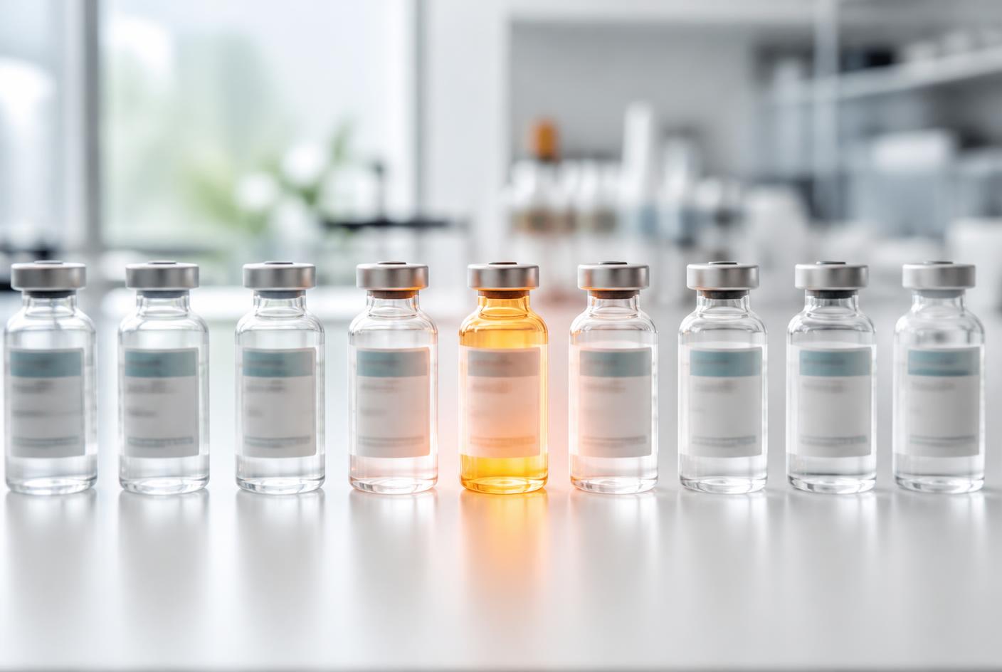 A row of autologous stem cell injection vials on a white laboratory bench